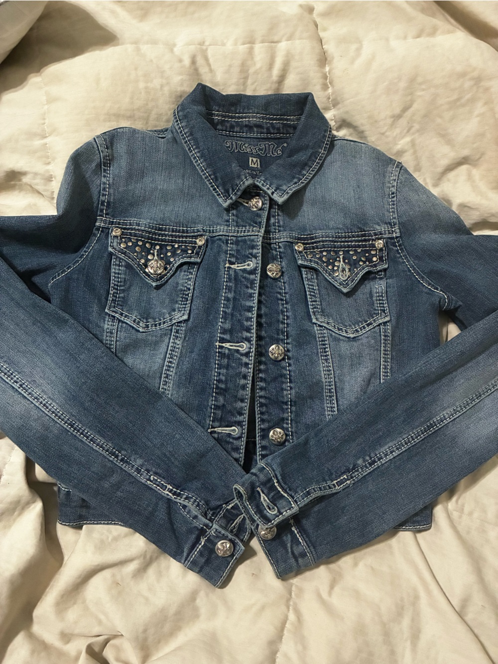 Miss Me Blue Denim Jacket with Studded Pocket Flaps